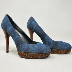 Stuart Weitzman Denim Blue Platform Pumps with Brown Wood Heel